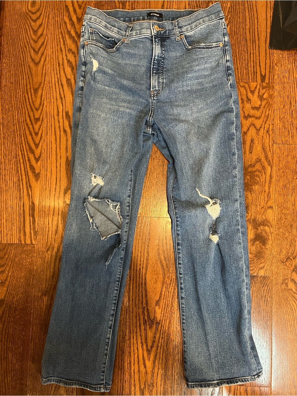 Express Women's Blue Distressed Straight-Leg Jeans
